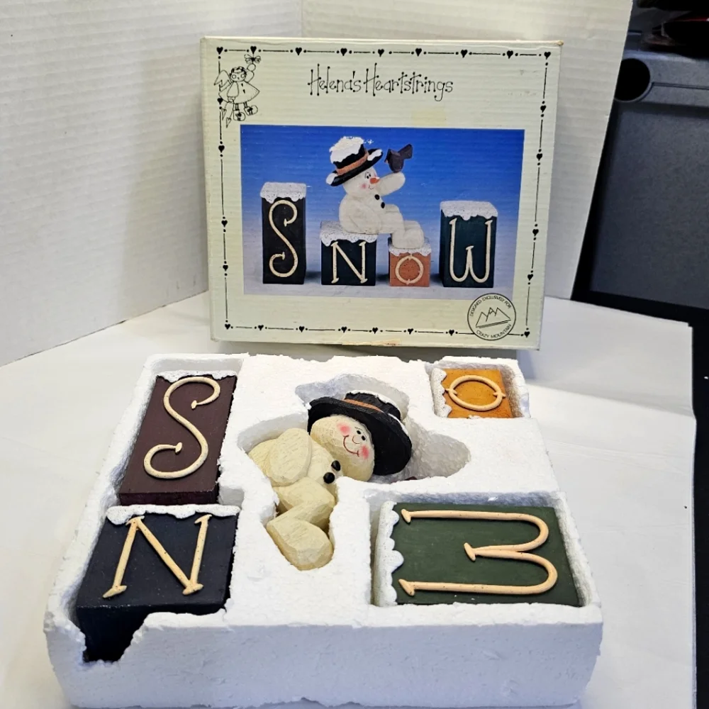 Crazy Mountain Snowman & Block Letters S N O W Figurines NOEL 1997 Vtg Gift Mom